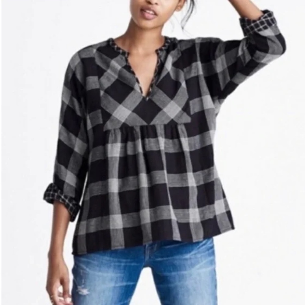 Madewell Boheme Black Plaid Popover Top in Hayden Plaid - S